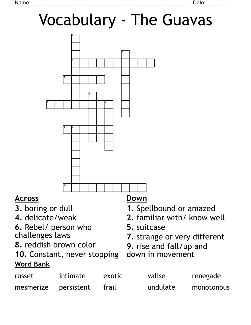 Vocabulary - The Guavas Crossword