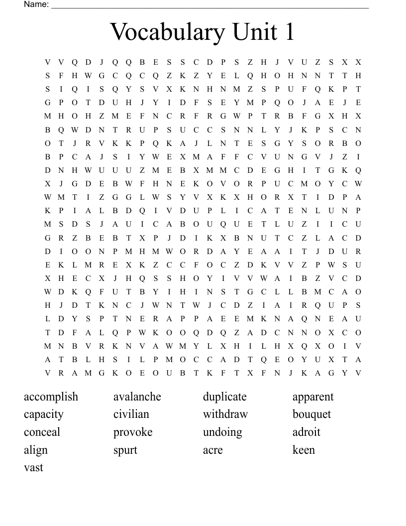 Vocabulary  Unit 1 Word Search