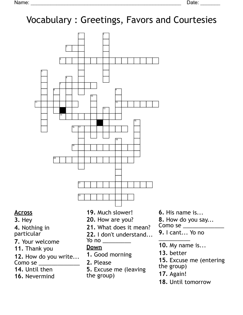 Vocabulary  : Greetings, Favors and Courtesies Crossword
