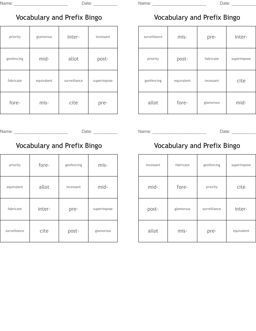 Vocabulary and Prefix Bingo