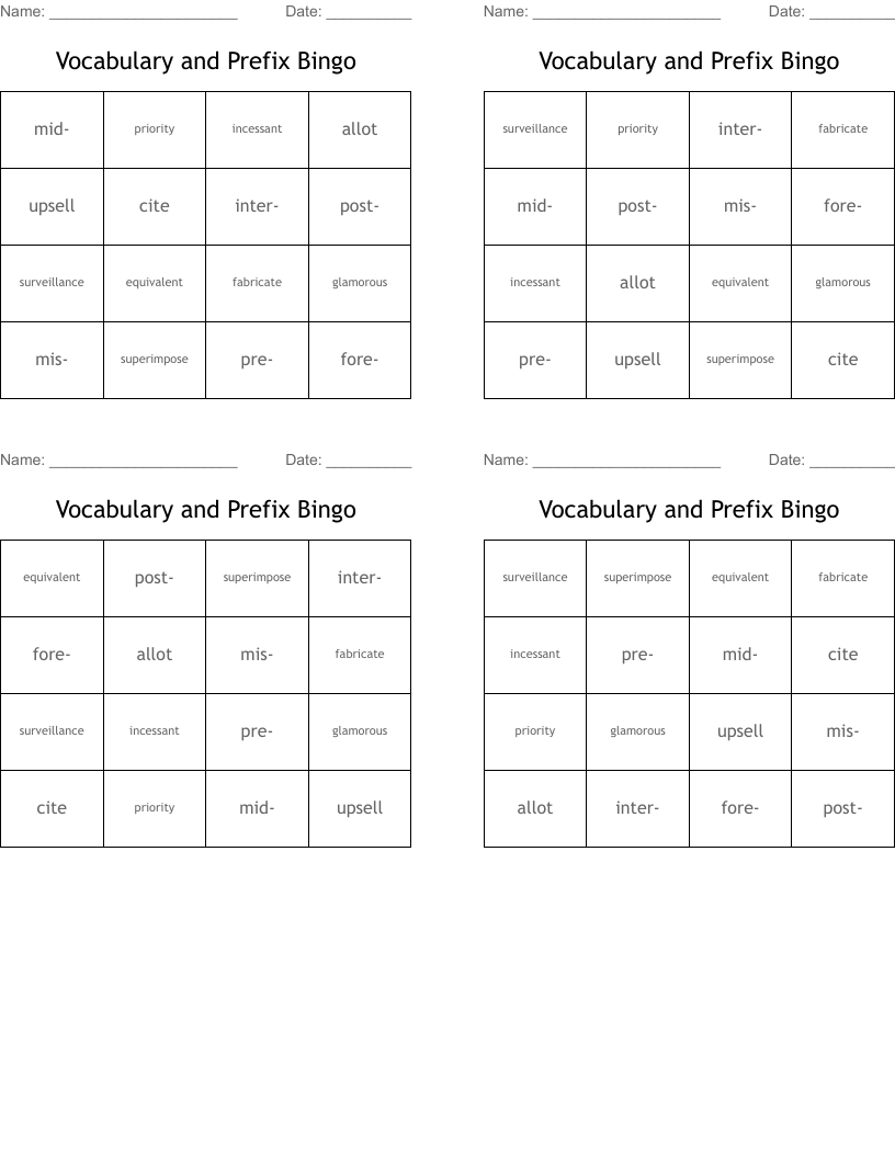 Vocabulary and Prefix Bingo