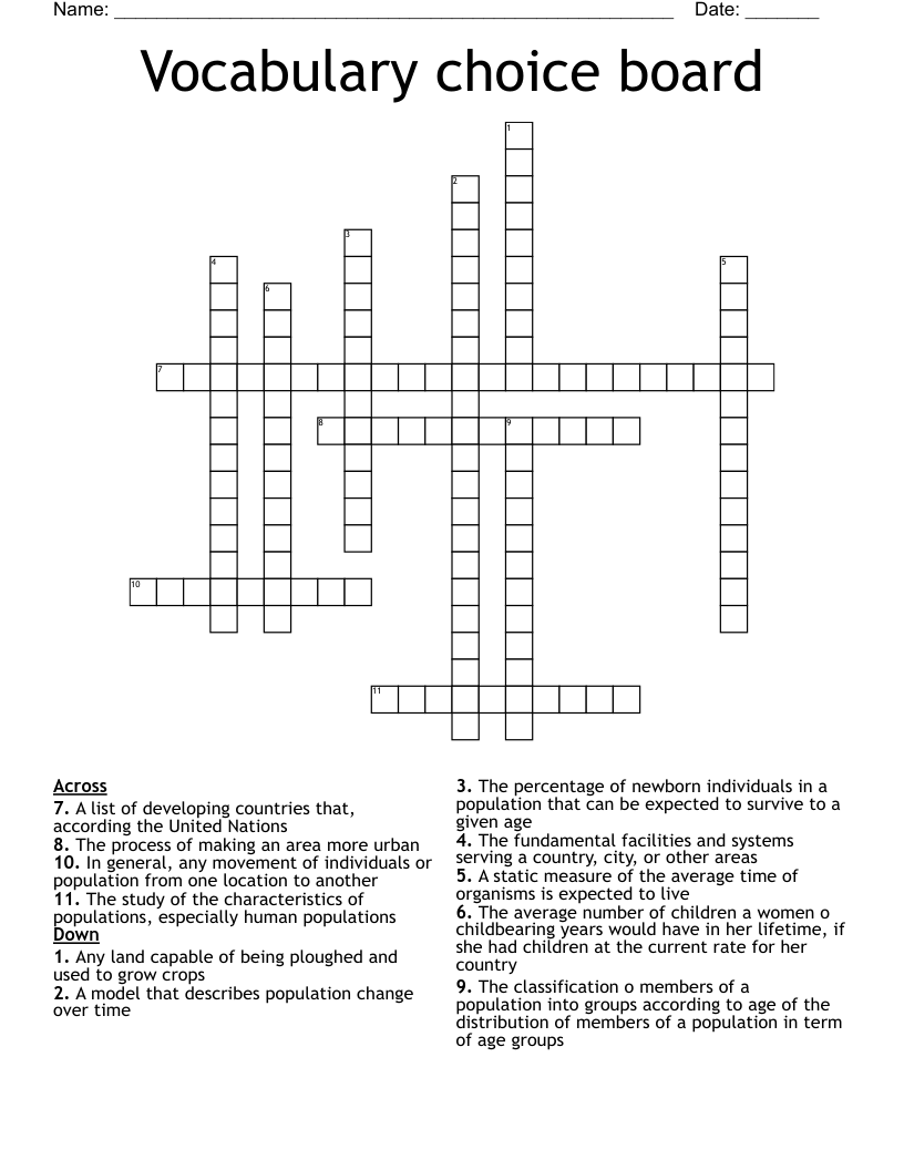 Vocabulary choice board Crossword