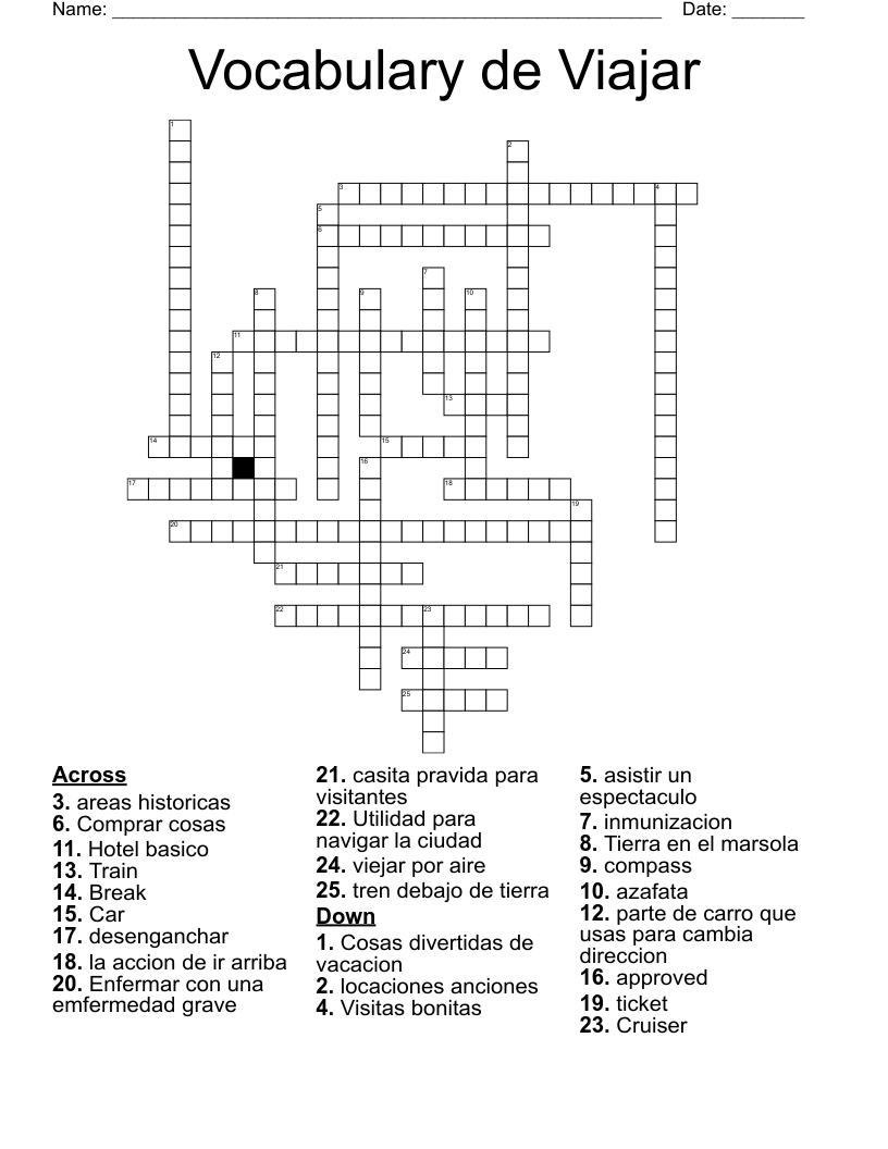 Vocabulary de Viajar Crossword