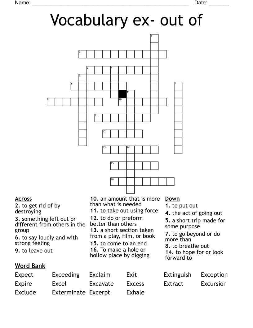 Vocabulary ex- out of Crossword