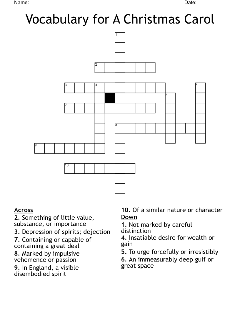 Vocabulary for A Christmas Carol Crossword