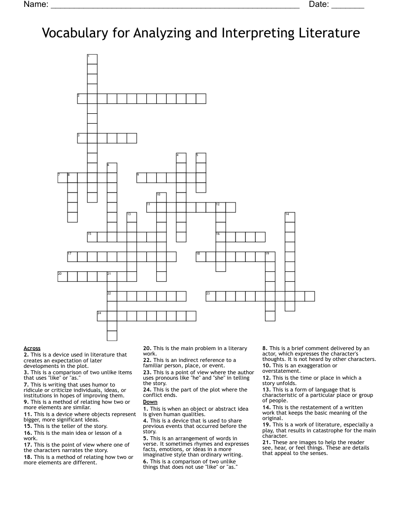 Vocabulary for Analyzing and Interpreting Literature Crossword