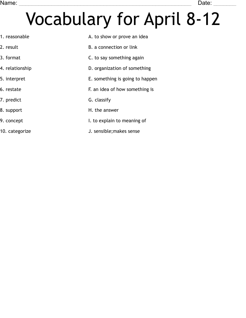 Vocabulary for April 8-12 Worksheet