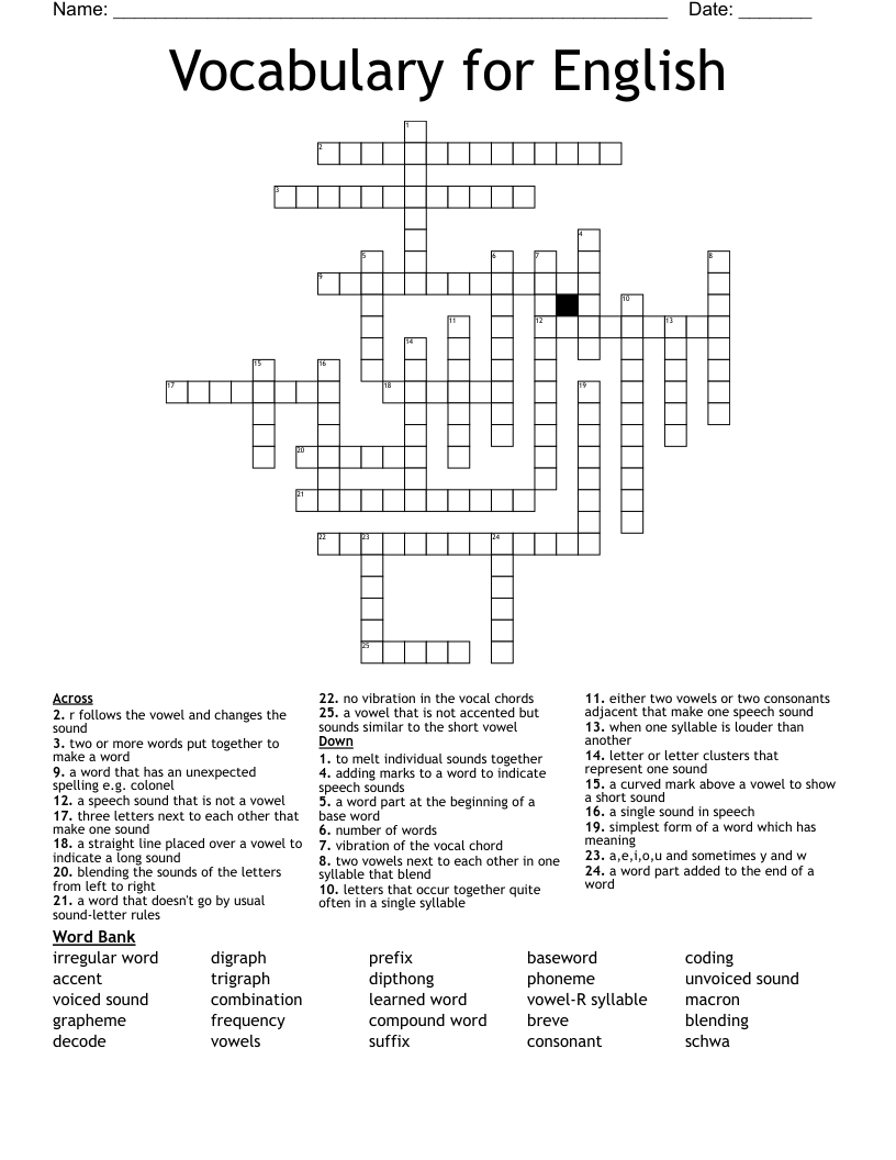 Vocabulary for English Crossword