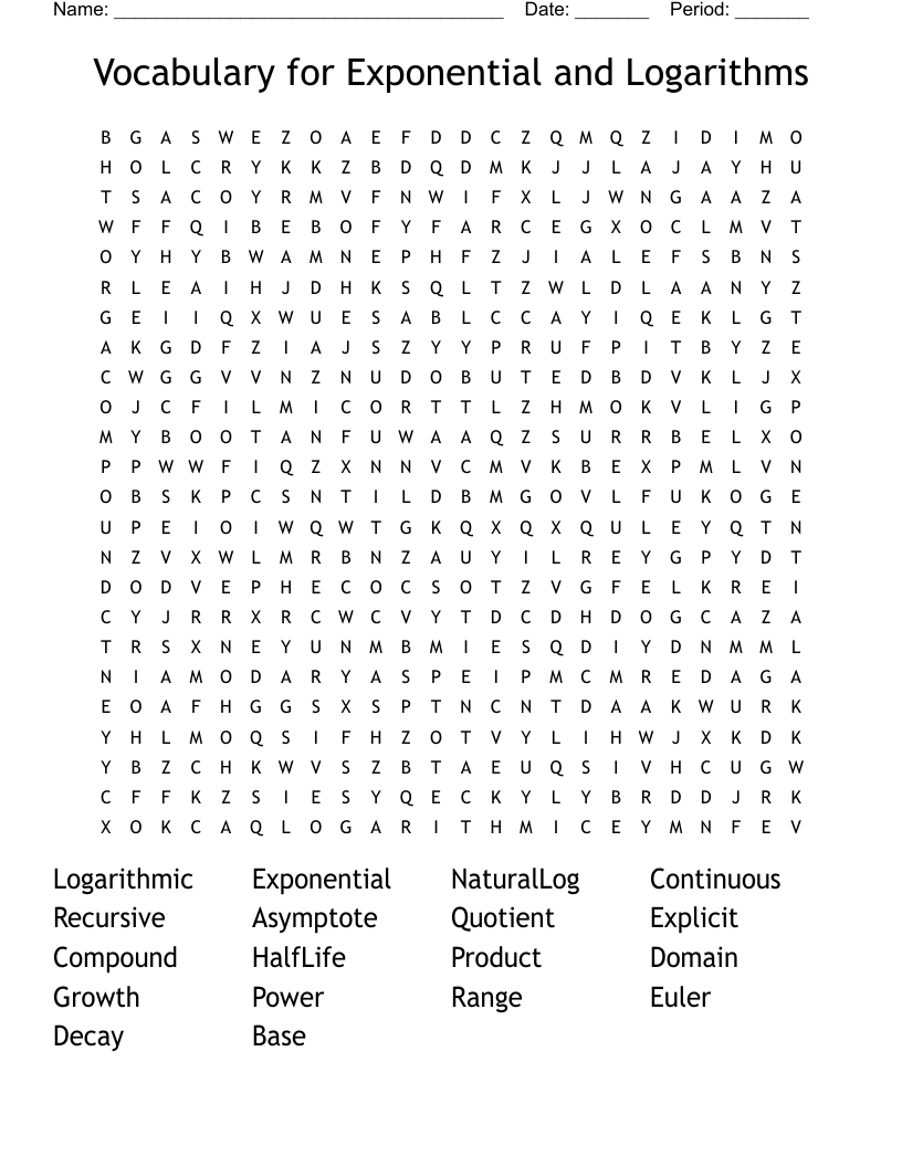 Vocabulary for Exponential and Logarithms Word Search