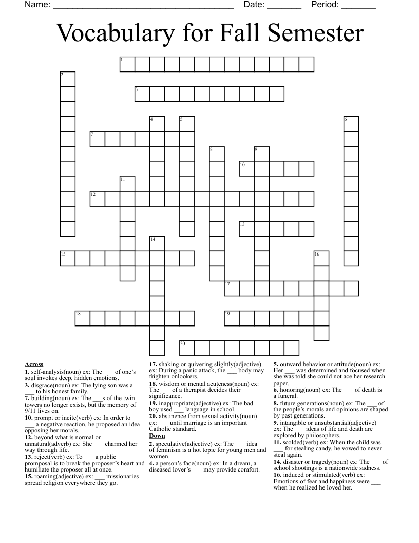 Vocabulary for Fall Semester Crossword