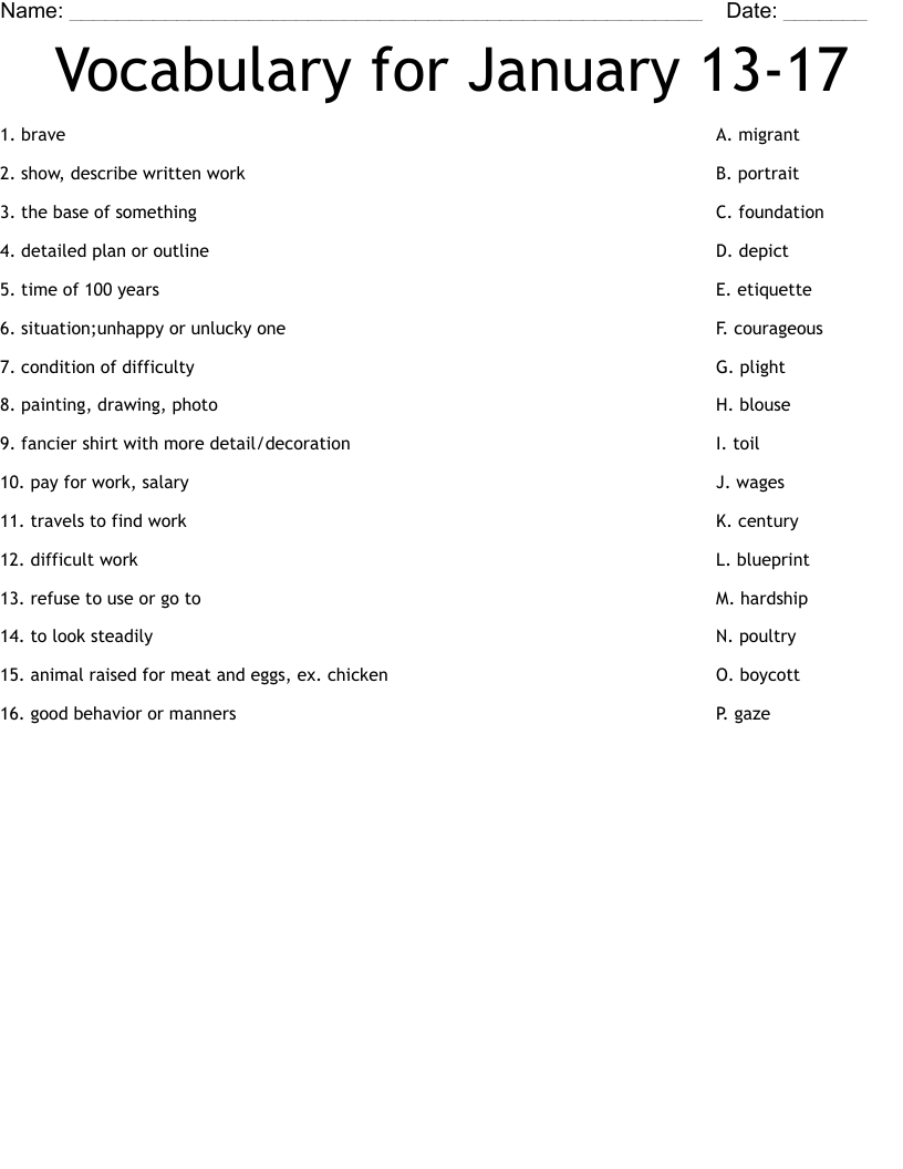 Vocabulary for January 13-17  Worksheet