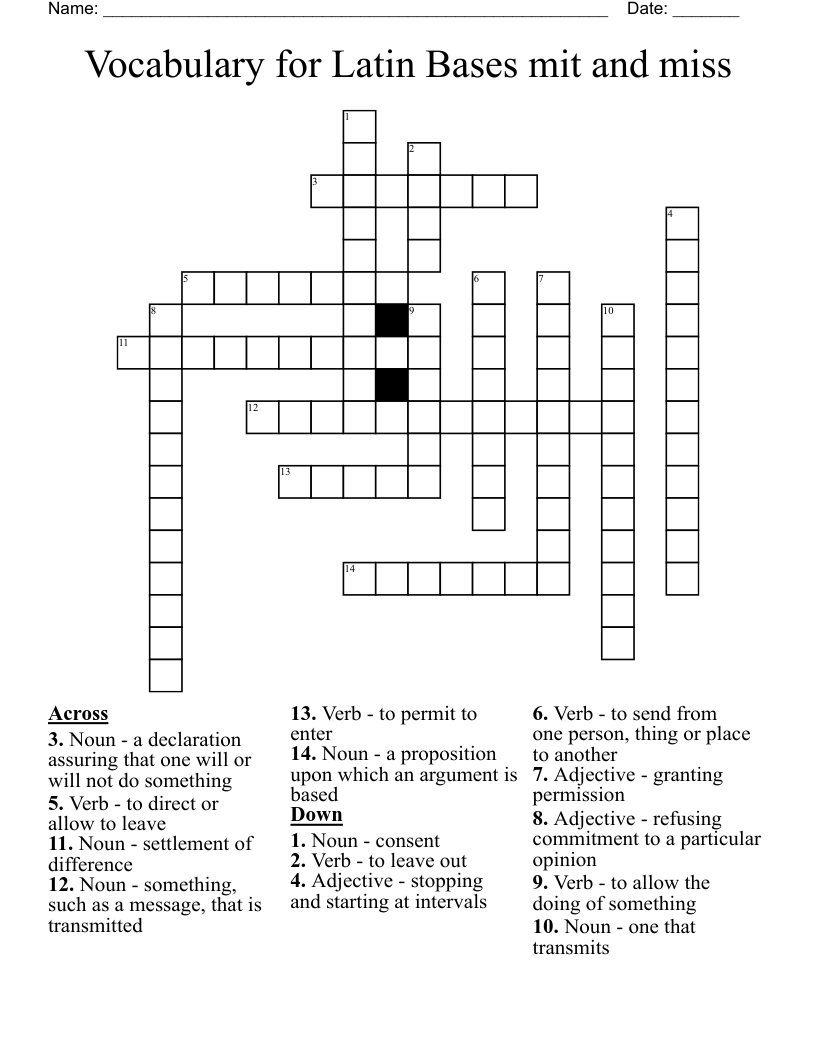Vocabulary for Latin Bases mit and miss Crossword