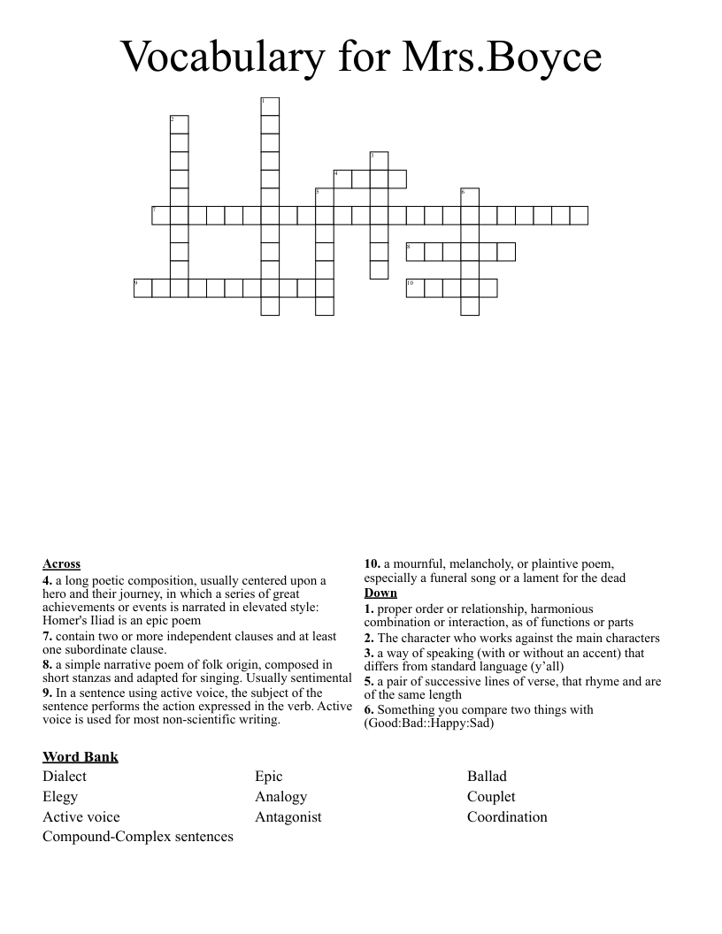 Vocabulary for Mrs.Boyce Crossword