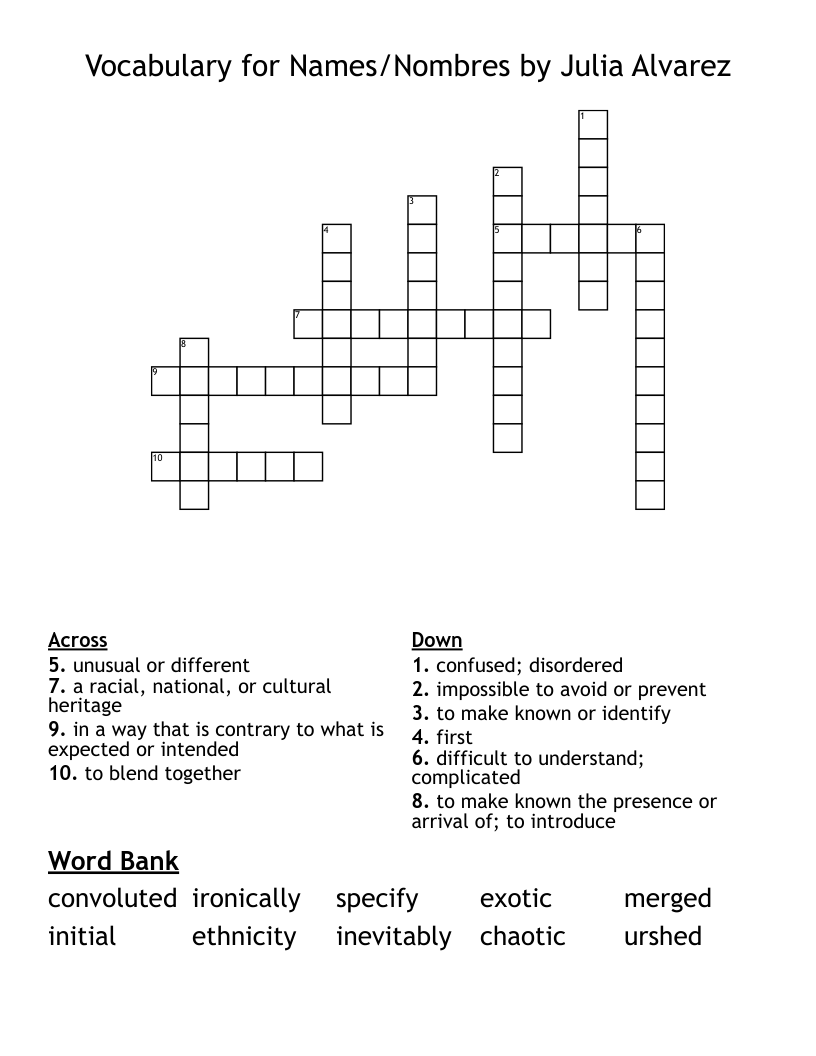 Vocabulary for Names/Nombres by Julia Alvarez Crossword