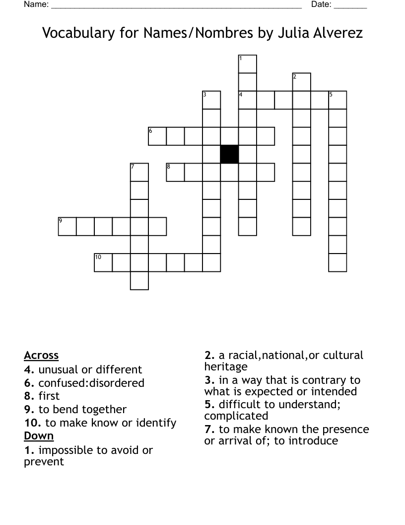 Vocabulary for Names/Nombres by Julia Alverez Crossword
