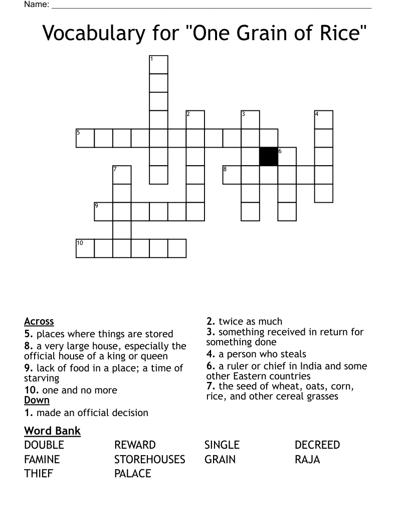 Vocabulary for "One Grain of Rice" Crossword