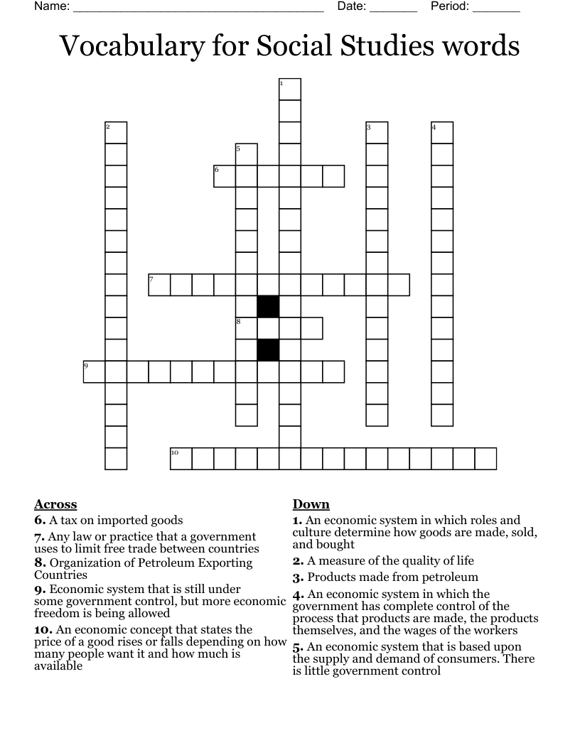 Vocabulary for Social Studies words Crossword