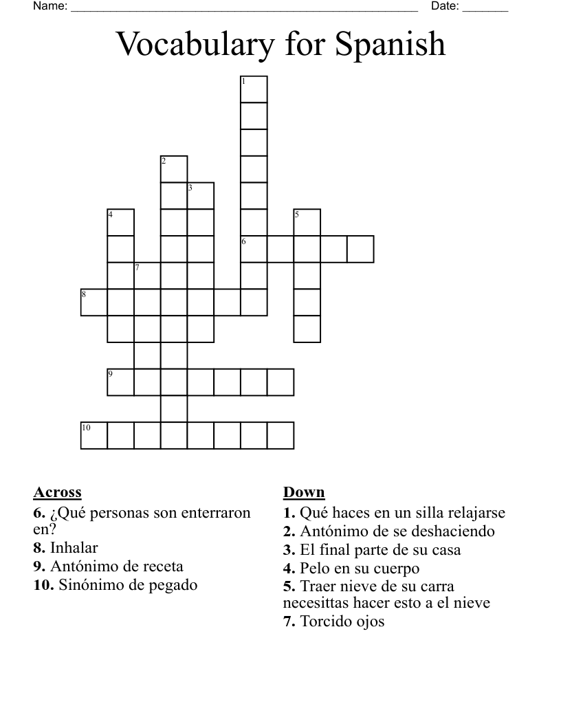 Vocabulary for Spanish Crossword