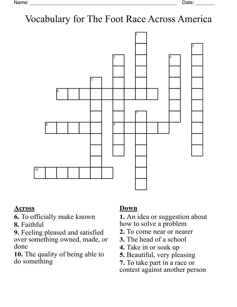 Vocabulary for The Foot Race Across America Crossword