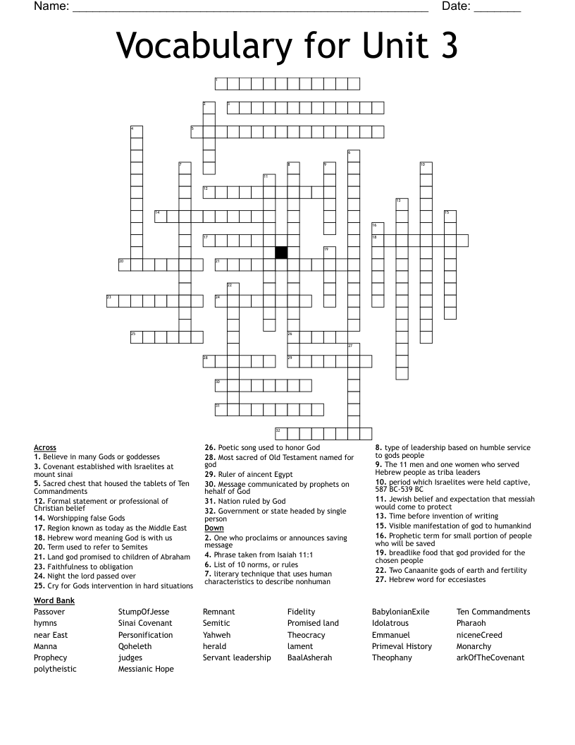 Vocabulary for Unit 3  Crossword