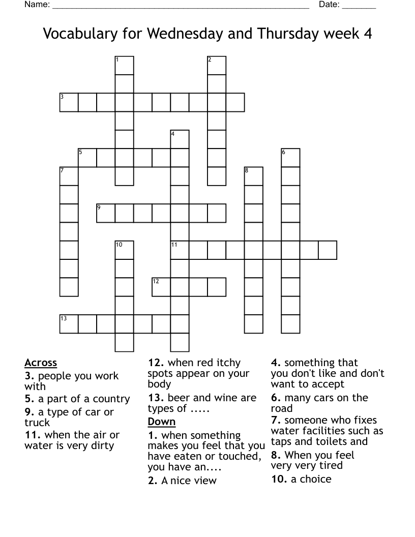 Vocabulary for Wednesday and Thursday week 4 Crossword