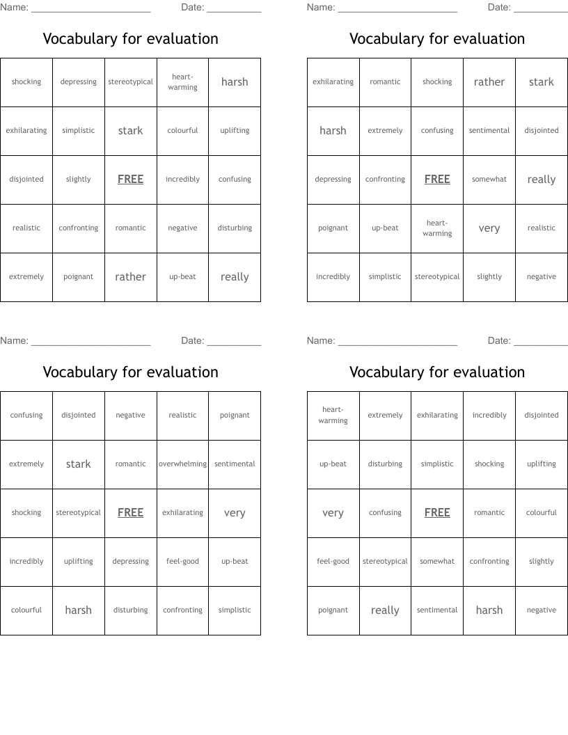 Vocabulary for evaluation Bingo Cards