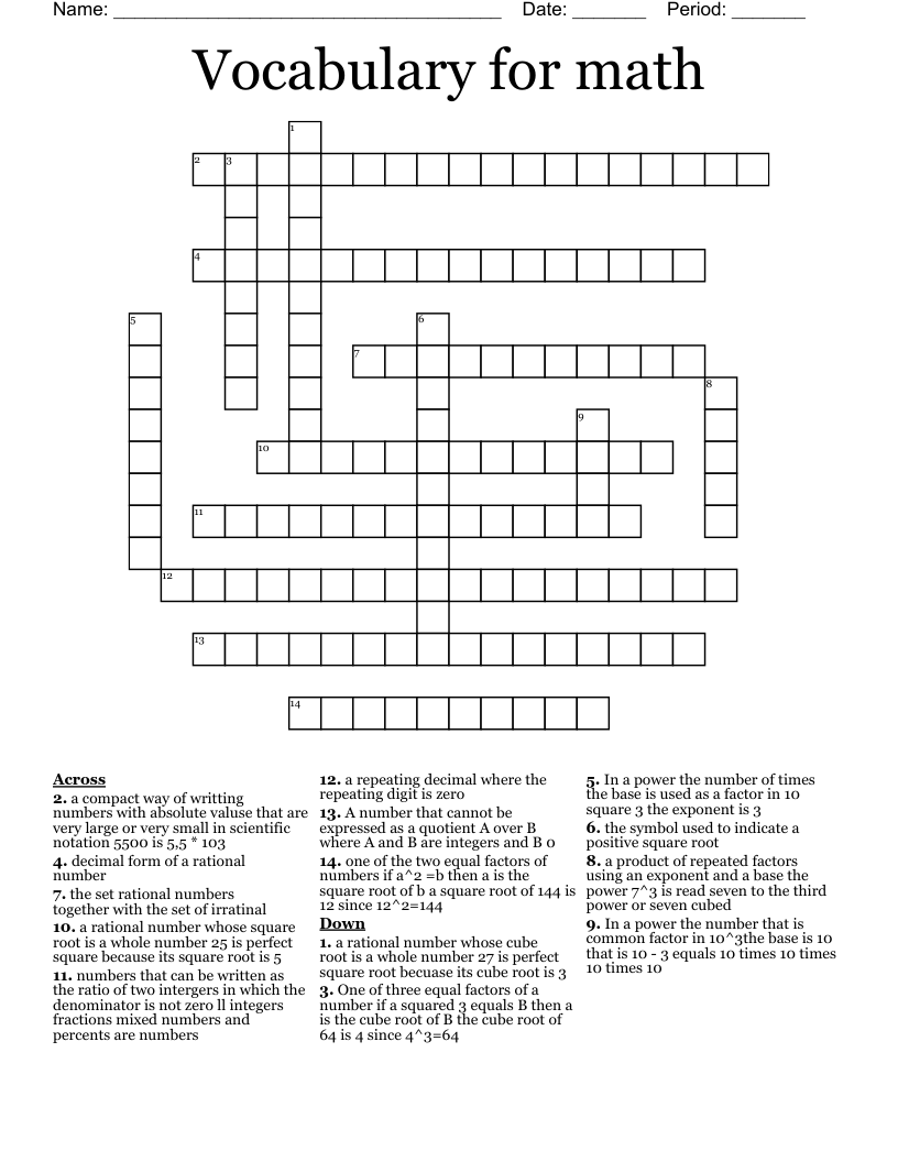 Vocabulary for math  Crossword