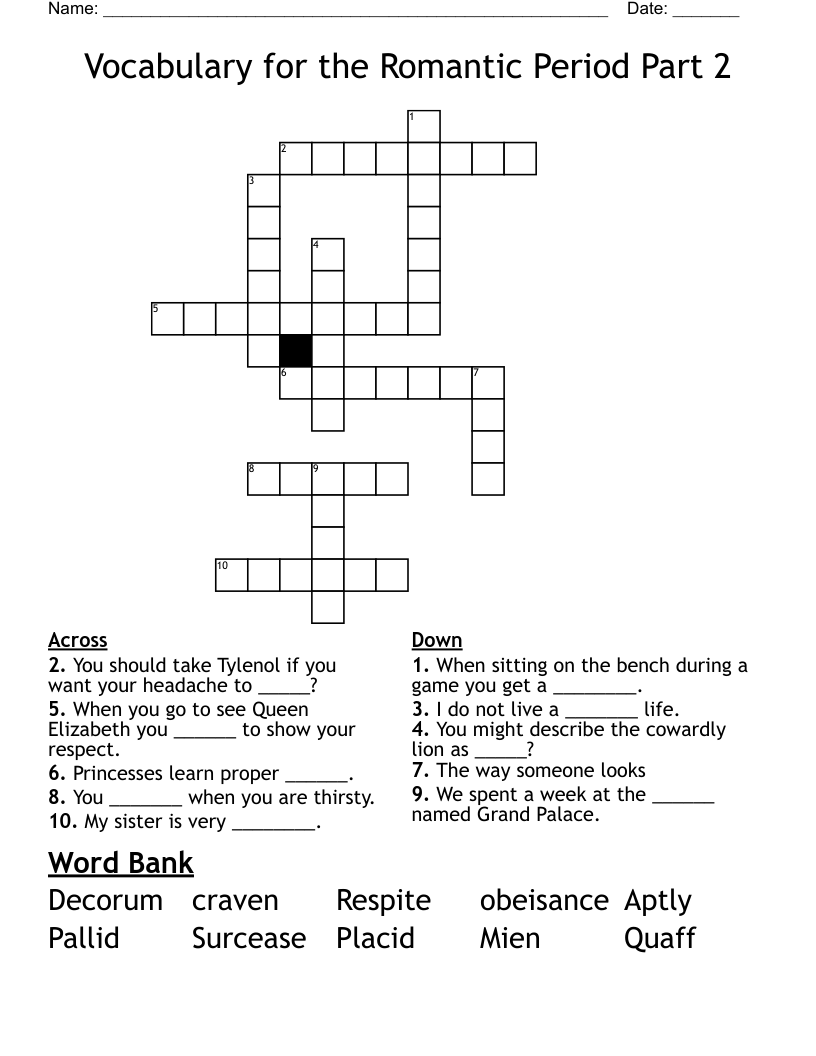 Vocabulary for the Romantic Period Part 2 Crossword