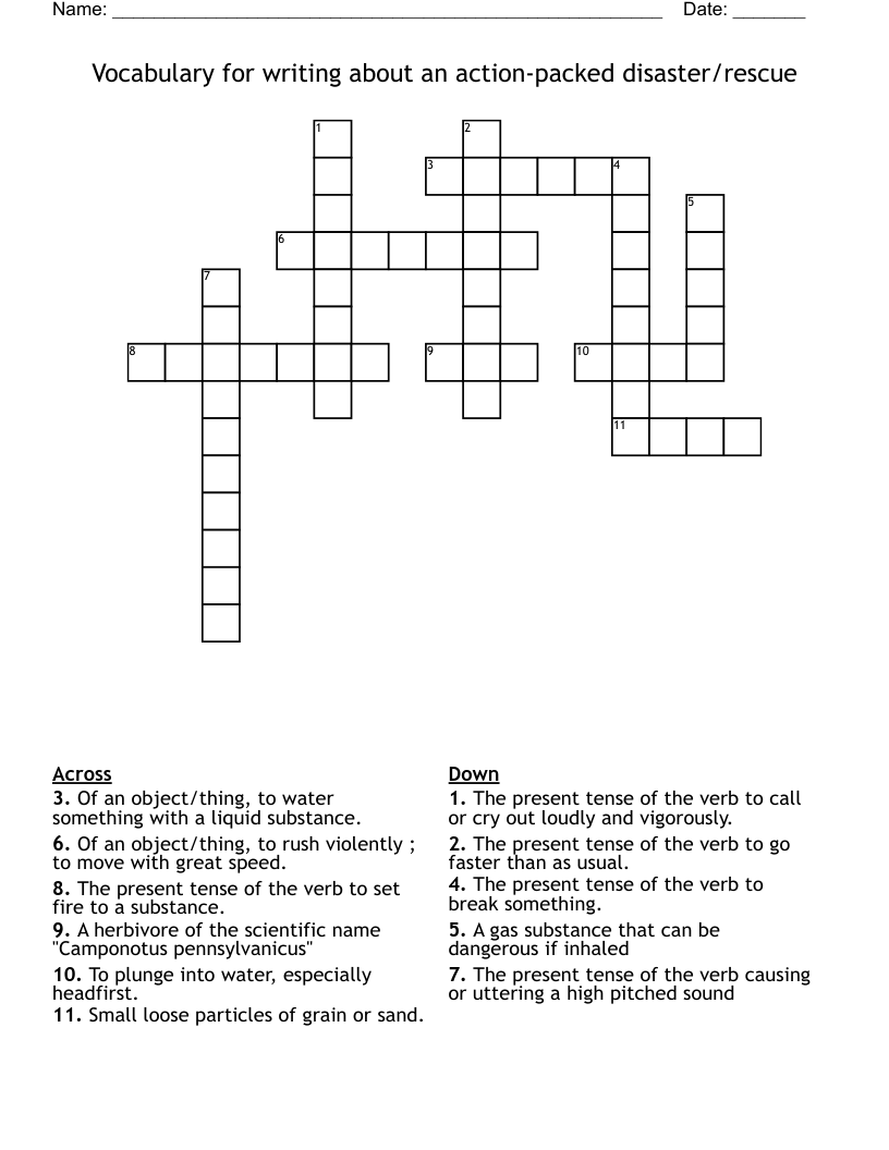 Vocabulary for writing about an action-packed disaster/rescue Crossword