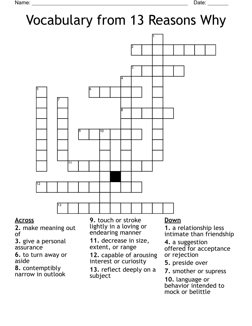 Vocabulary from 13 Reasons Why Crossword