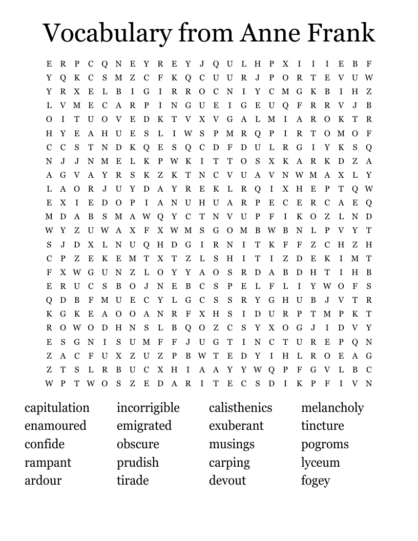Vocabulary from Anne Frank Word Search