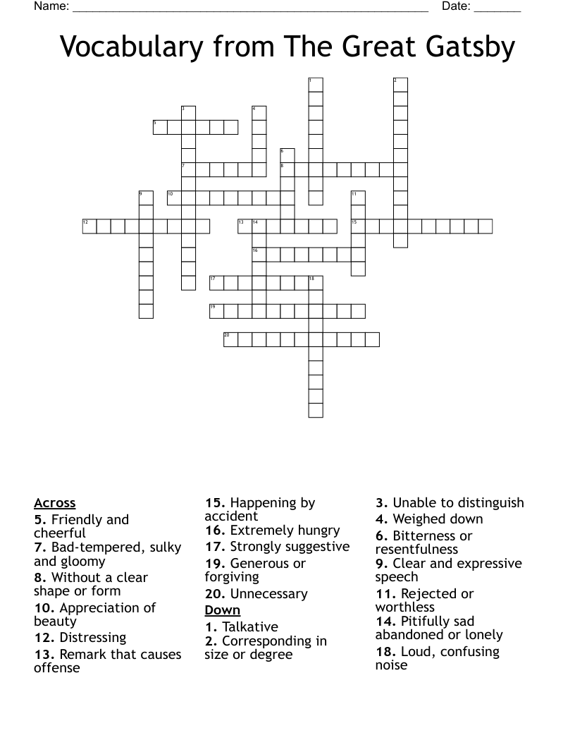 Vocabulary from The Great Gatsby Crossword