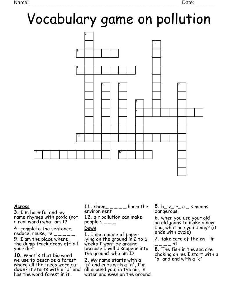 Vocabulary game on  pollution Crossword