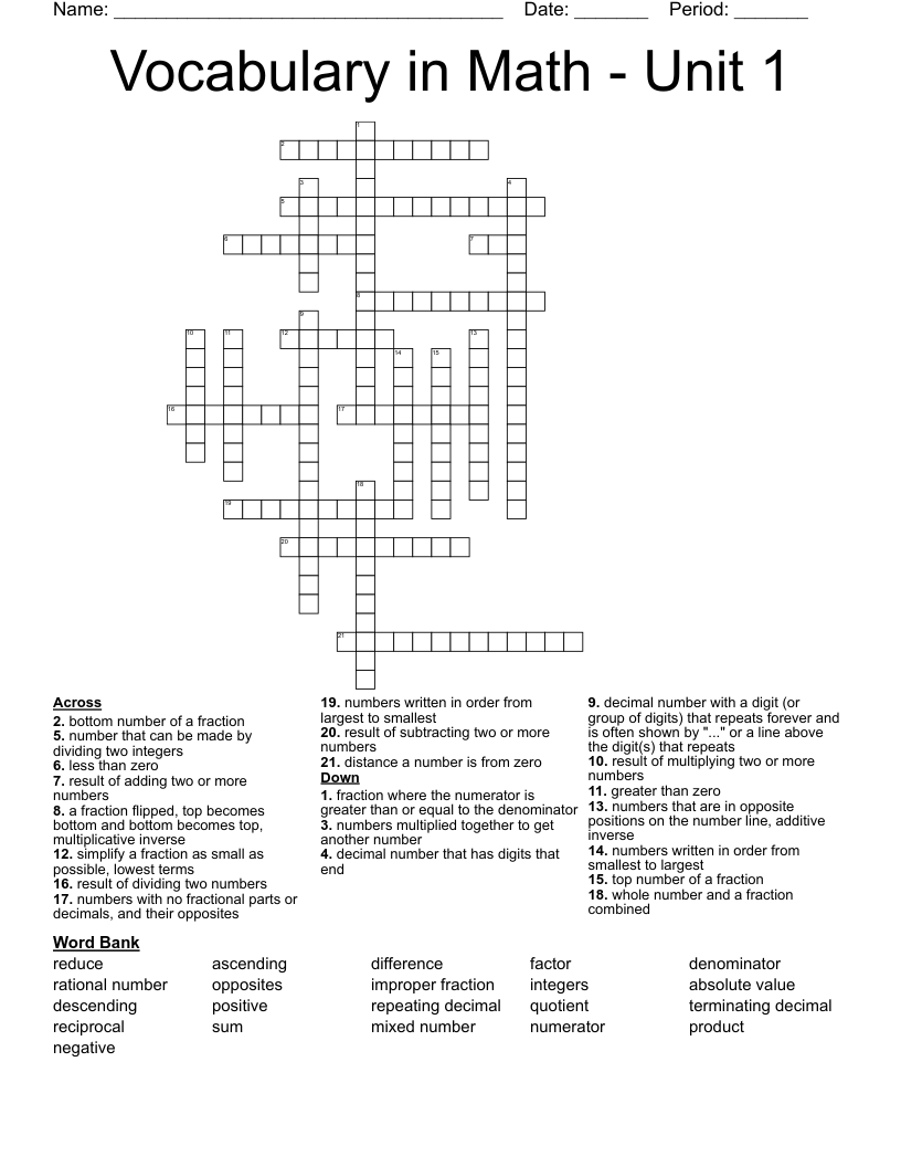 Vocabulary in Math - Unit 1 Crossword