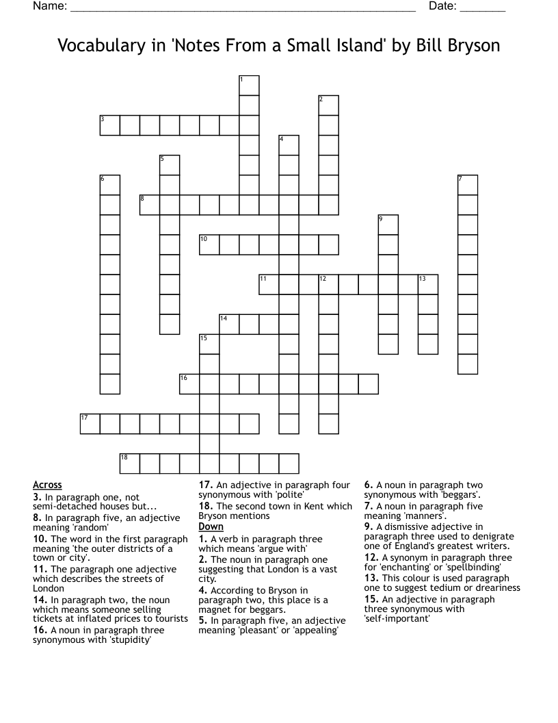Vocabulary in 'Notes From a Small Island' by Bill Bryson Crossword
