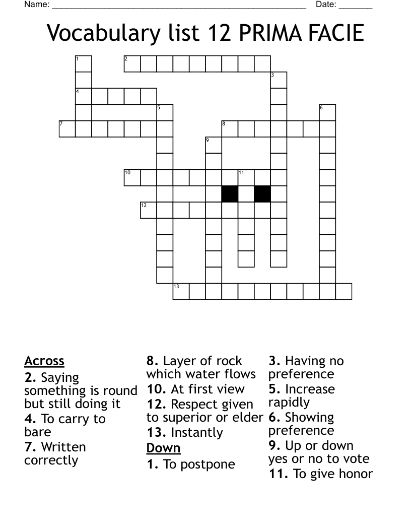 Vocabulary list 12 PRIMA FACIE  Crossword