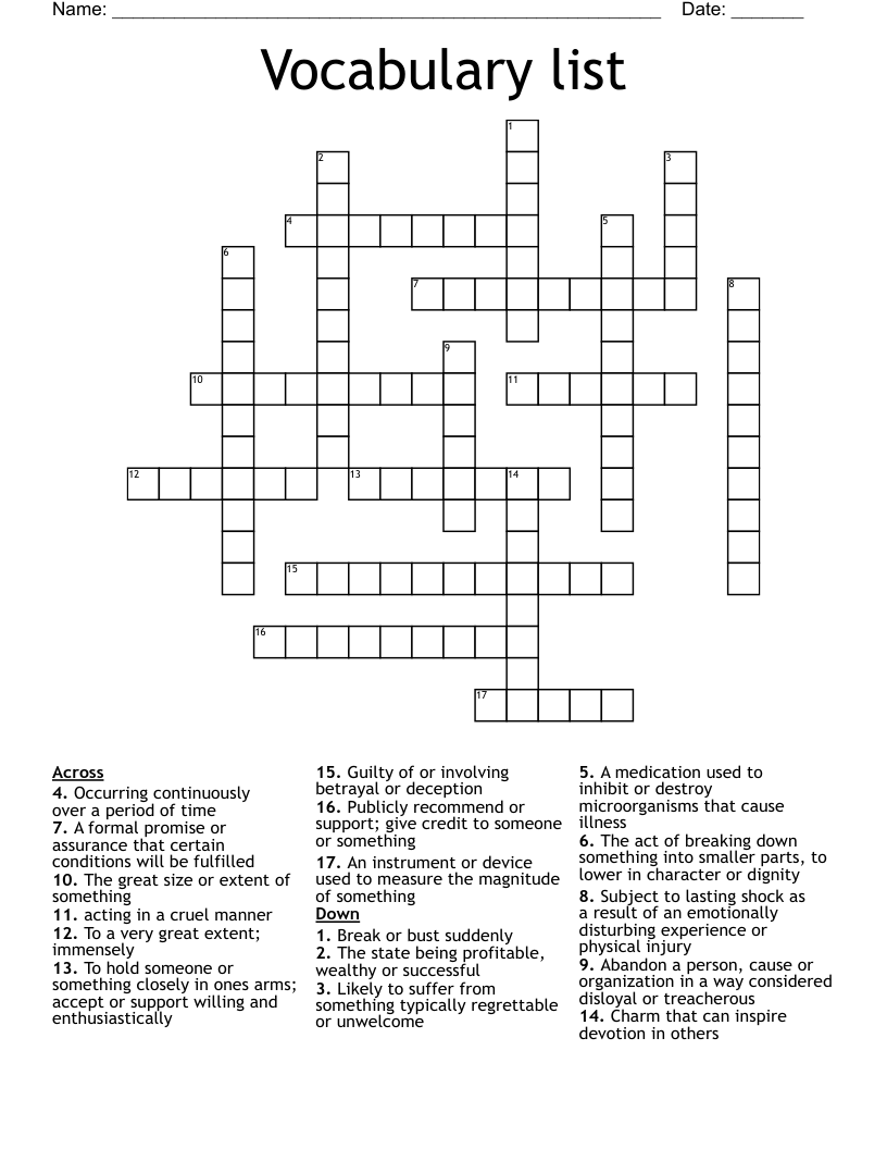 Vocabulary list Crossword