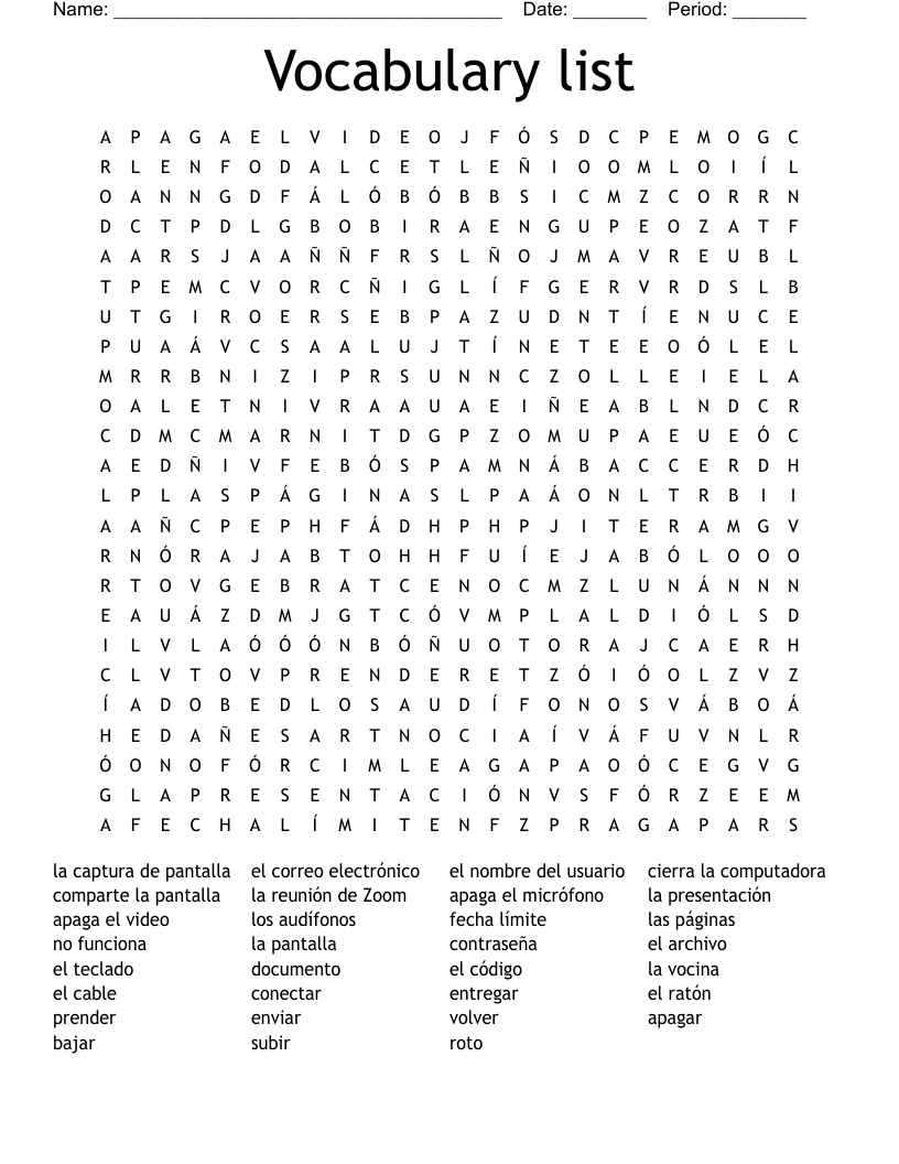 Vocabulary list Word Search