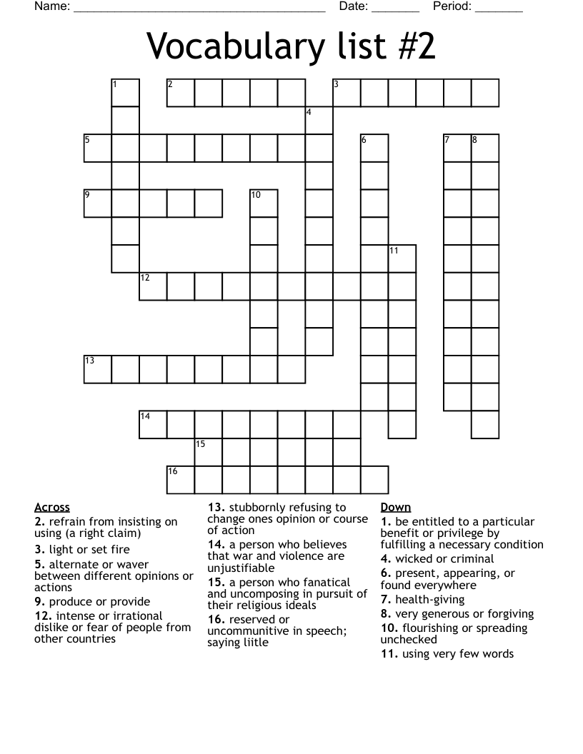 Vocabulary list #2 Crossword