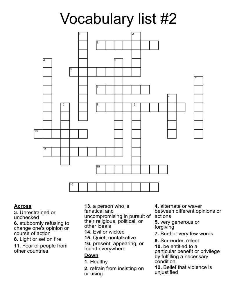 Vocabulary list #2 Crossword