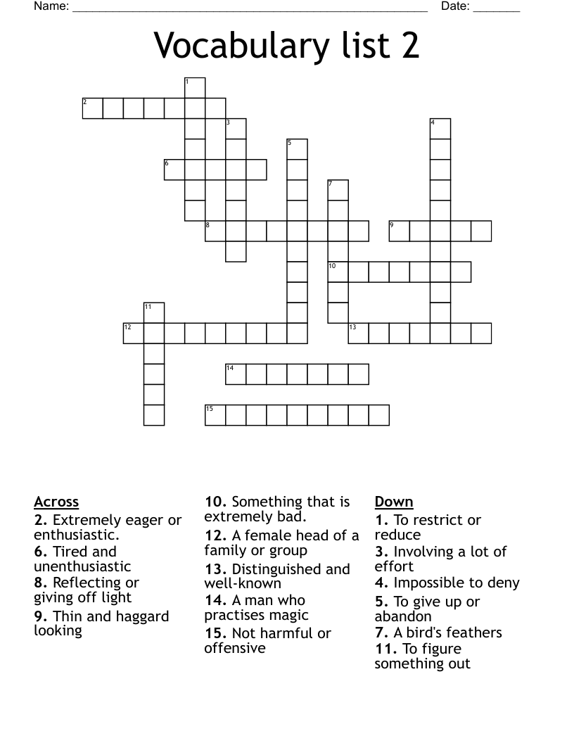 Vocabulary list 2 Crossword