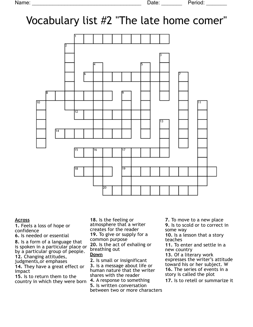 Vocabulary list #2 "The late home comer" Crossword