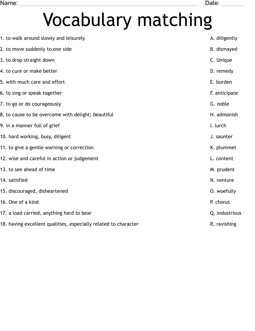 Vocabulary matching Worksheet