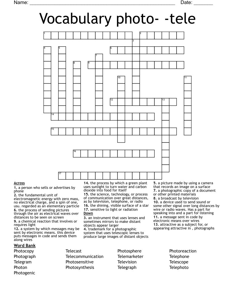 Vocabulary photo- -tele Crossword