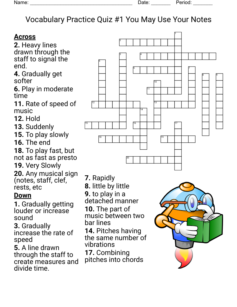 Vocabulary Practice Quiz #1  You May Use Your Notes Crossword