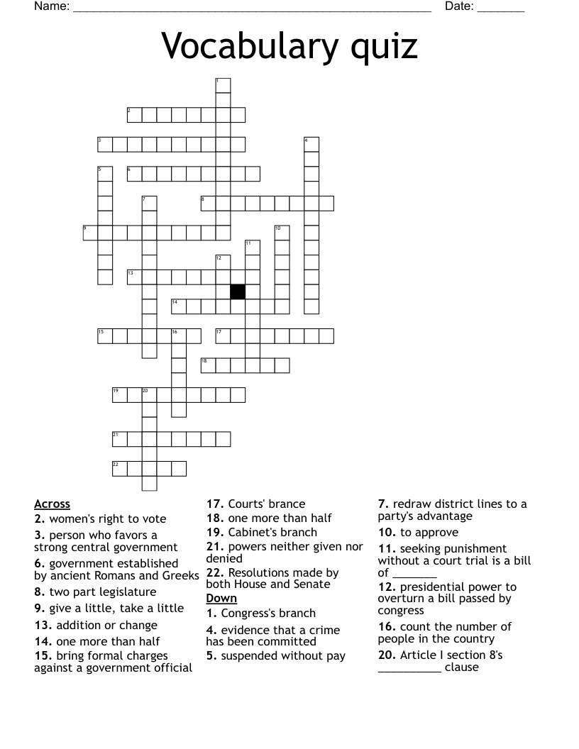 Vocabulary quiz Crossword