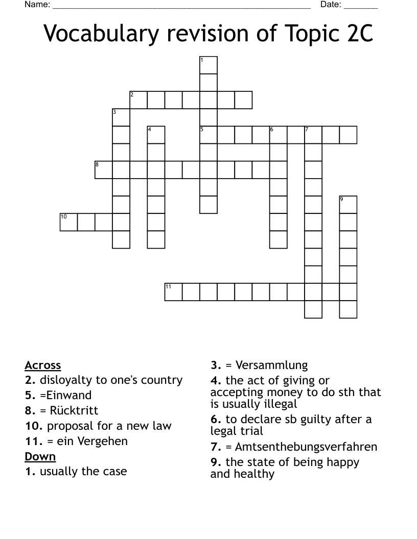 Vocabulary revision of Topic 2C Crossword