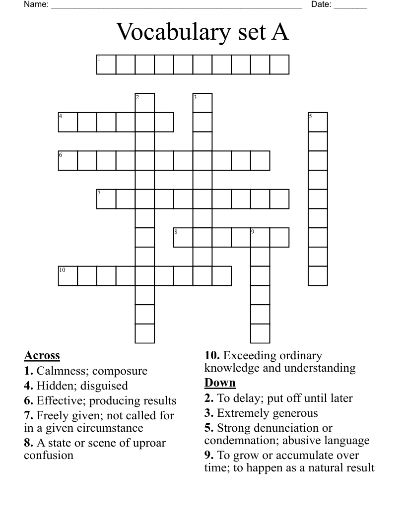 Vocabulary set A Crossword