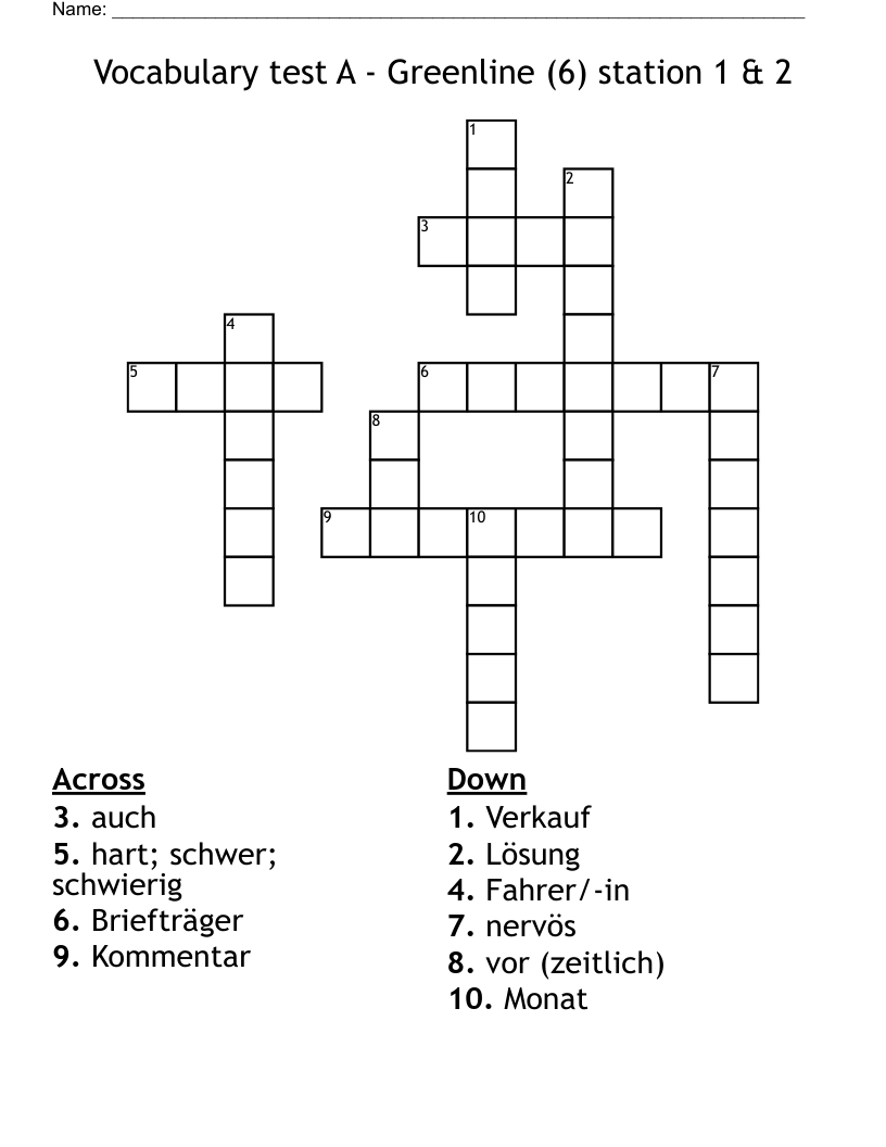 Vocabulary test A - Greenline (6) station 1 & 2 Crossword