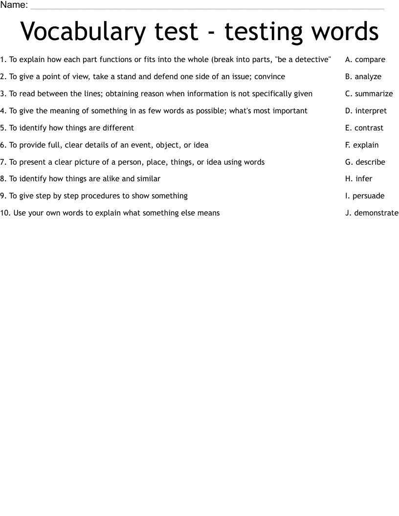 Vocabulary test - testing words Worksheet